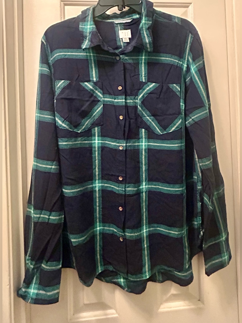 Navy and Teal Plaid Button-Up Shirt